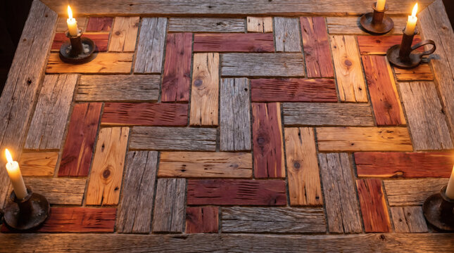 Vintage wooden floor texture with multicolor planks in herringbone design