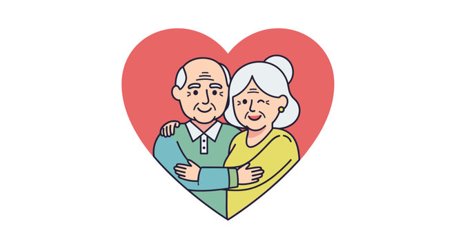 Illustration of a loving elderly couple embracing inside a heart shape.