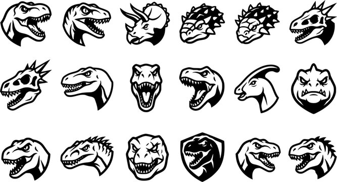 Aggressive Dinosaur Head Icon Set Featuring T Rex, Raptor, Triceratops, Ankylosaurus, Pterosaur, Dragon-Like Reptile Mascots, and Prehistoric Creature Vector Designs