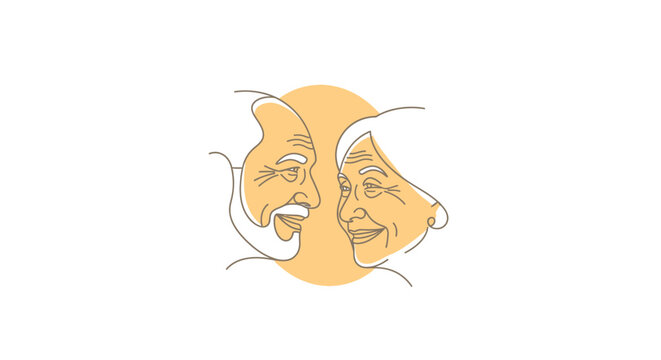 Minimalist continuous line art illustration of an elderly couple smiling at each other.