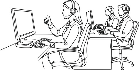 Fototapeta premium Continuous line drawing of customer service team working in office.