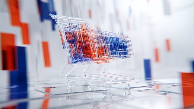 Abstract glass shopping cart with motion blur red and blue stock market bar charts background finance concept