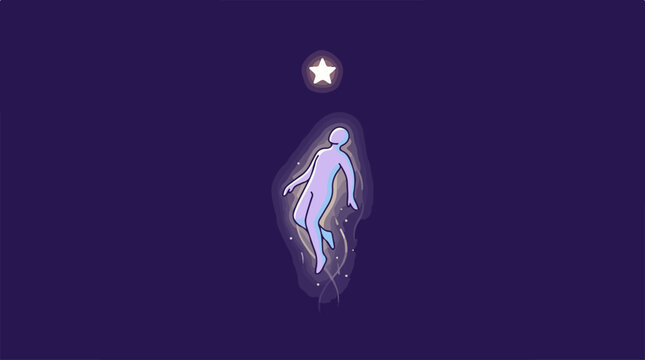 Abstract illustration of a glowing human soul ascending towards a bright star.
