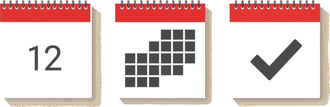 Calendars featuring a red top binding show day twelve, a monthly grid layout, and a finished task checkmark for project management deadlines.