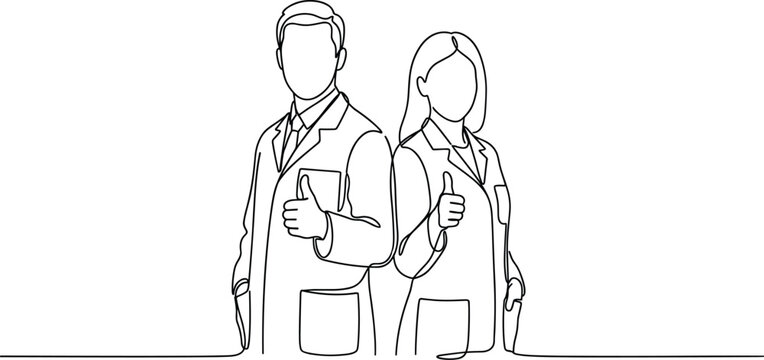 Continuous line drawing of a male and female doctor showing thumbs up.