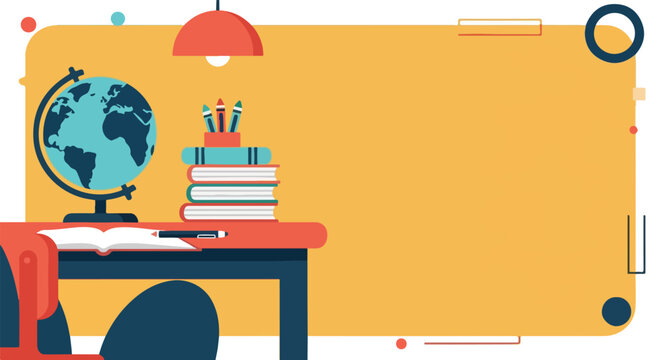 A vibrant vector illustration of a study desk with a globe, books, and a notebook, featuring a large yellow text area for educational content.