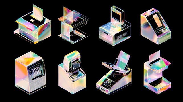 Isometric set of futuristic automated payment terminals and self service kiosks with holographic iridescent finish