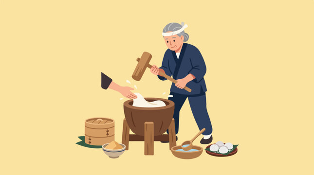 An elderly Japanese artisan making traditional mochi rice cakes.