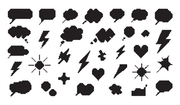 Set of pixel art speech bubbles and various graphical elements for retro game design style.