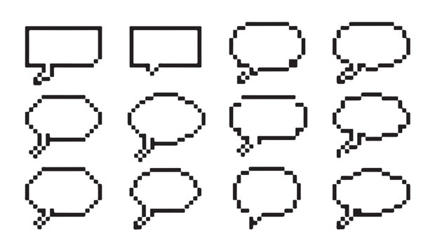 Outline pixel art speech bubble frames for interface design and gaming conversation boxes.