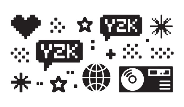 Retro y2k pixel art design elements with nostalgic tech icons and decorative vector shapes.