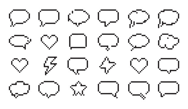 Minimalist pixel line speech bubbles and comic talk clouds set for digital communication.