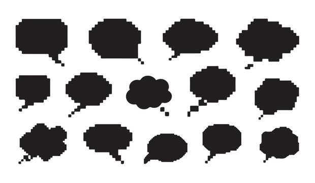 Pixel speech bubble vector set for chat and message, retro game style text boxes.