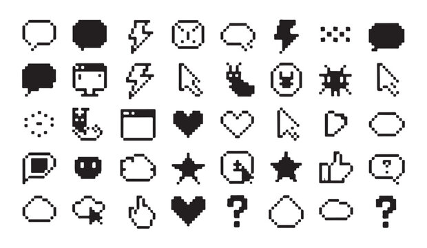 Pixel art icon set including speech bubbles cursors stars hearts and decorative elements.