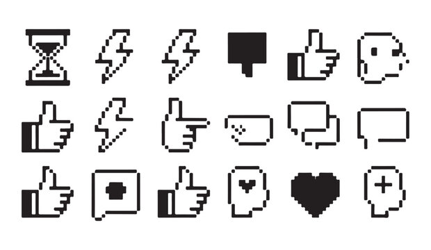 Digital pixel icons collection with hourglass hand signs lightning bolts and human heads.