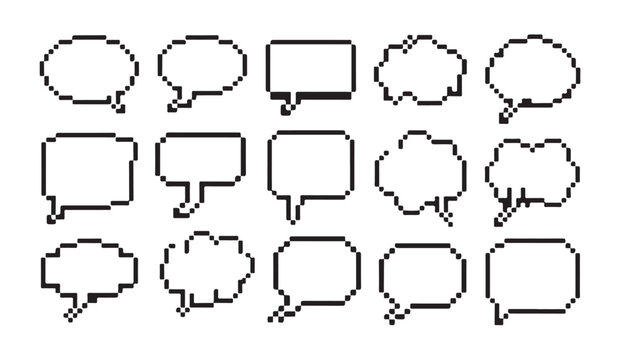 Various pixel art speech bubbles for comic and chat interface design on white background.