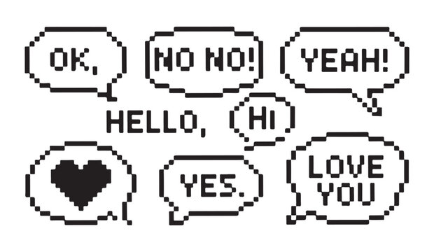 Pixel art speech bubbles with text saying "OK", "NO NO!", "YEAH!", "HELLO", "HI", "YES.", "LOVE YOU".