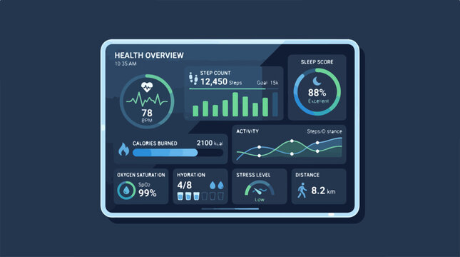 Digital Health Monitoring Dashboard Interface on Tablet Screen.