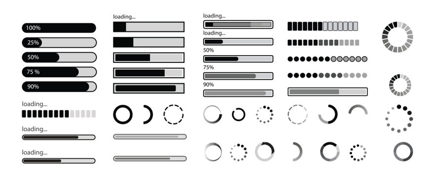 Set of loading progress bar icon. loading and progress bars, percentage loaders, circular spinners, and collection loading status bar in different design. vector illustration