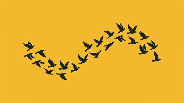 Flock of birds flying in a wave formation on yellow background.