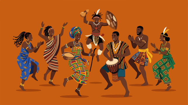 Group of African People Performing Traditional Tribal Dance.