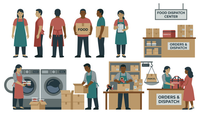 Food dispatch center workers packaging orders and loading parcels for delivery.