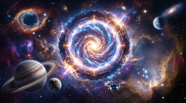 Gigantic glowing portal floating in outer space