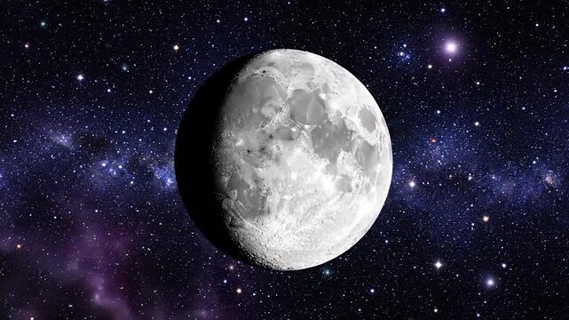 The glowing moon surface set against a vibrant purple and blue starry galaxy nebula.
