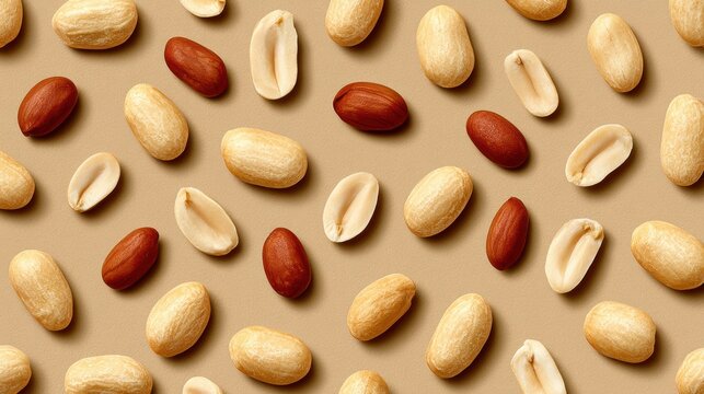 Top down view of roasted peanuts spread over a light brown background texture pattern