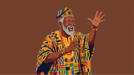 Obraz premium Illustration of a joyful elderly African man in traditional kente clothing.