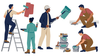 Professional painters team at work with rollers and brushes on white background flat style. © jubayer71