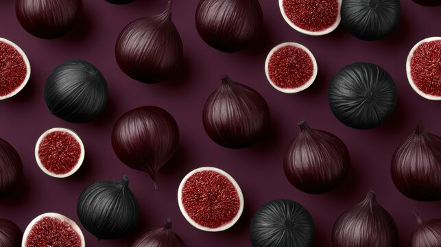 Top view pattern of whole and halved dark purple fresh ripe figs on dark maroon background texture