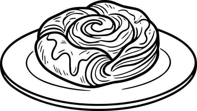 Hand-drawn illustration of a cinnamon roll on a plate, simple line art, pastry icon