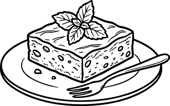 Hand-drawn illustration of a delicious square brownie with mint garnish on a plate with fork.