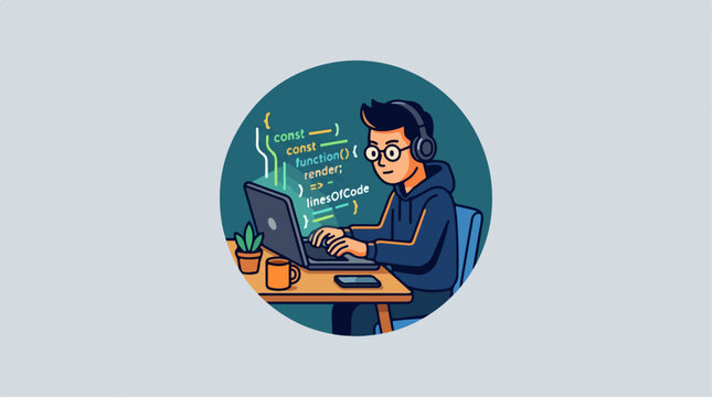 Illustration of a young programmer working on code with headphones.