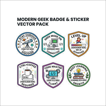 Modern geek badge and sticker vector pack with creative designs and motivational messages.