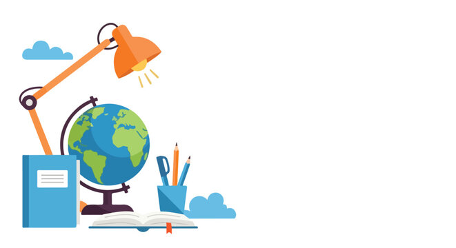 A vibrant flat vector graphic depicts educational items including a desk lamp, a globe, and books set against a clean white backdrop.