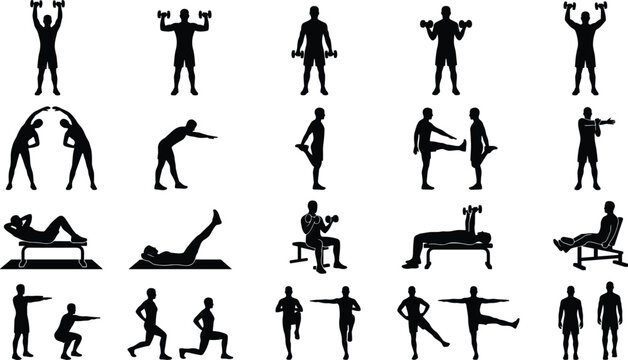 Comprehensive collection of gym workout silhouettes featuring men lifting dumbbells stretching and doing fitness exercises on benches