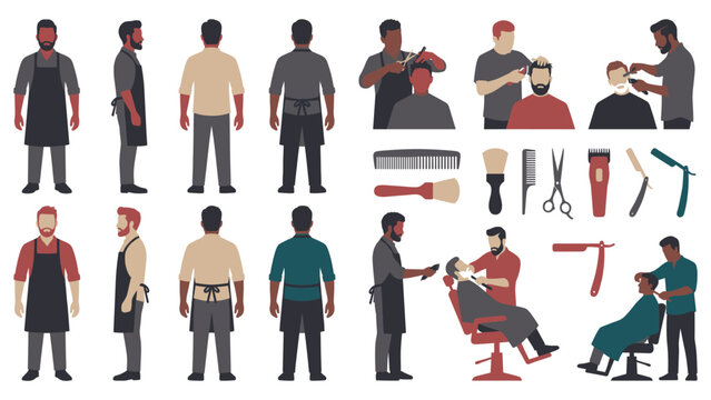 Barbers cutting hair styling beards with scissors clippers and razors in barbershop.