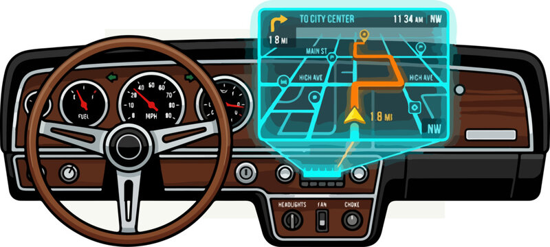 Retro car dashboard with futuristic digital holographic GPS navigation system.