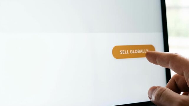 Finger touching touchscreen tablet button to sell ecommerce globally press sell button tap to start international online sales expand marketplace