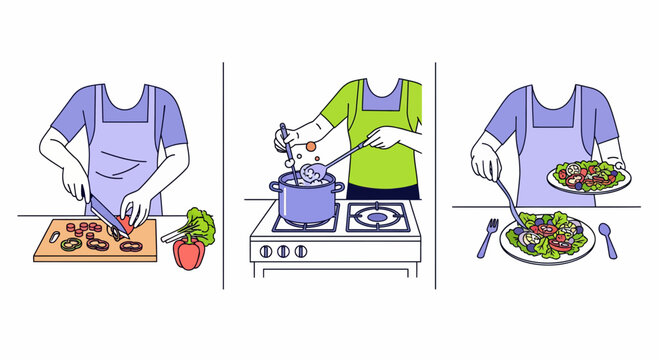 Healthy meal prep process cutting fresh vegetables boiling soup in pot and eating green salad