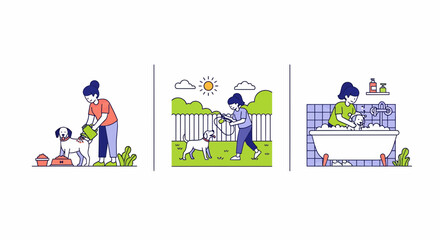 Fototapeta premium Dog pet care set girl feed walk bath love home life day art fun icon