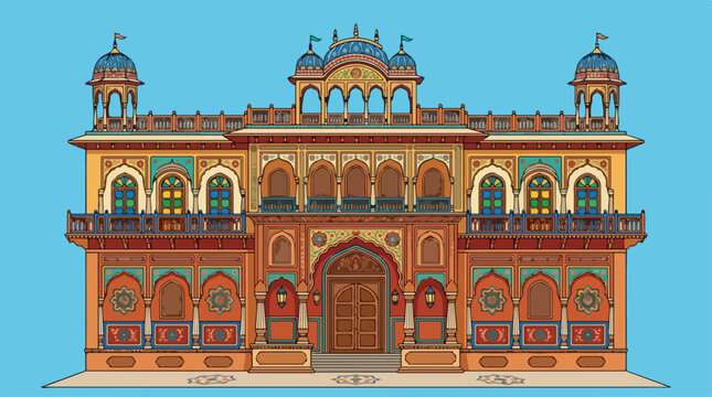 Traditional Indian Rajasthani Palace Architecture Illustration.