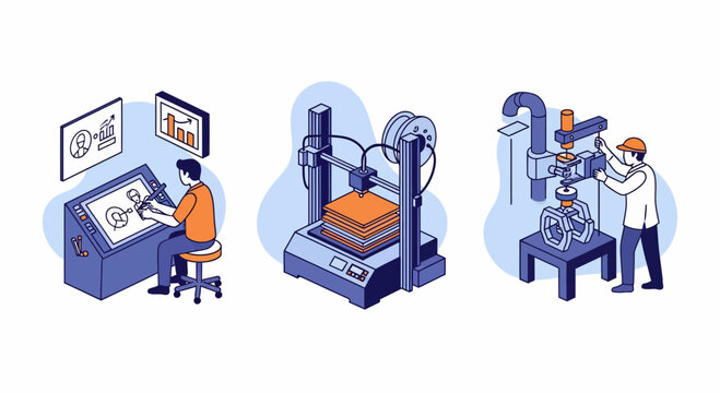 Lab Engineer Designing 3D Models Printing Prototypes Testing Machine Tools Tech Industrial Workflow Process Graphics