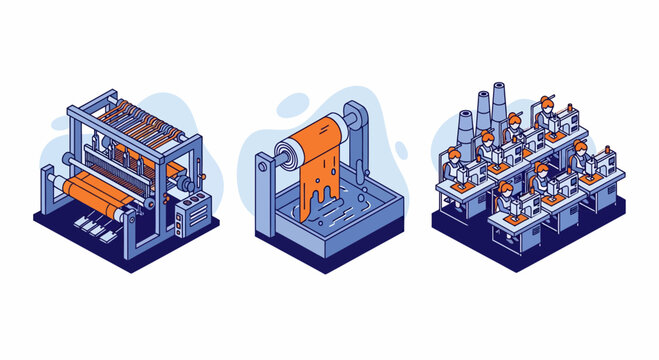 Textile manufacturing industry process stages weaving dyeing garment factory workers sewing clothes production line isometric vector illustration