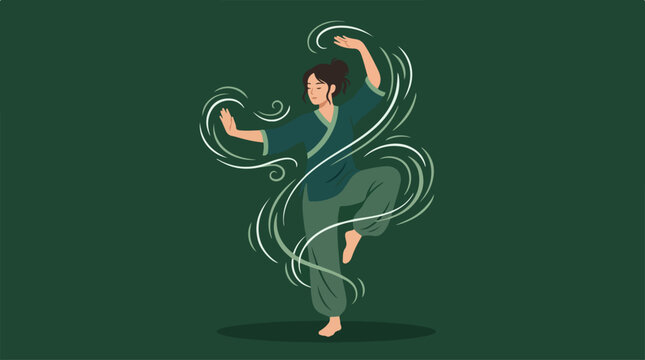 Woman practicing tai chi with flowing energy lines.