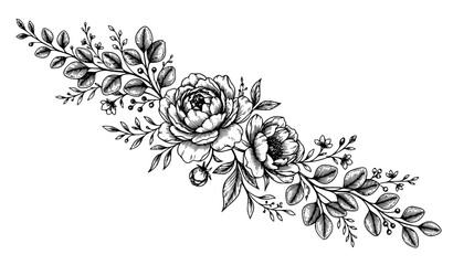 Hand Drawn Engraved Floral Frame Vector with Botanical Flowers and Decorative Leaves © Tonmoy