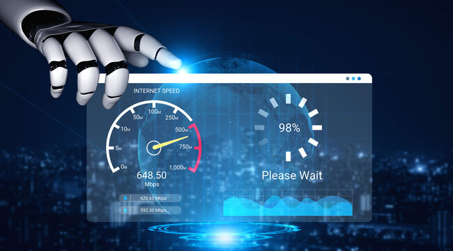 A robotic hand reaches towards a digital monitor indicating internet speed and download progress, embodying technology and innovation in a vibrant city backdrop. Ledger
