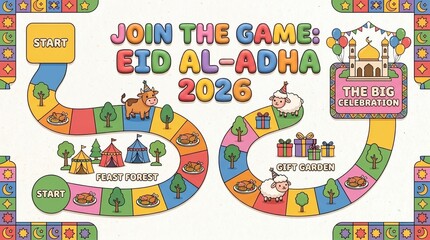 Fototapeta premium Embark on a joyful Eid al-Adha 2026 celebration journey with this vibrant board game illustration, featuring festive elements and fun challenges